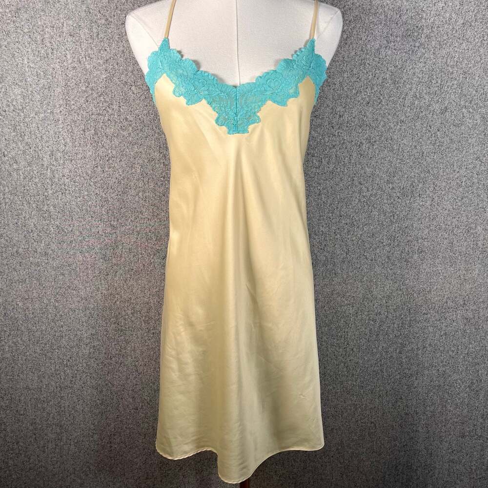 VTG Y2K Yellow Satin Blue Lace Trim Sexy Slip Dress Valerie Stevens Girly Sz M